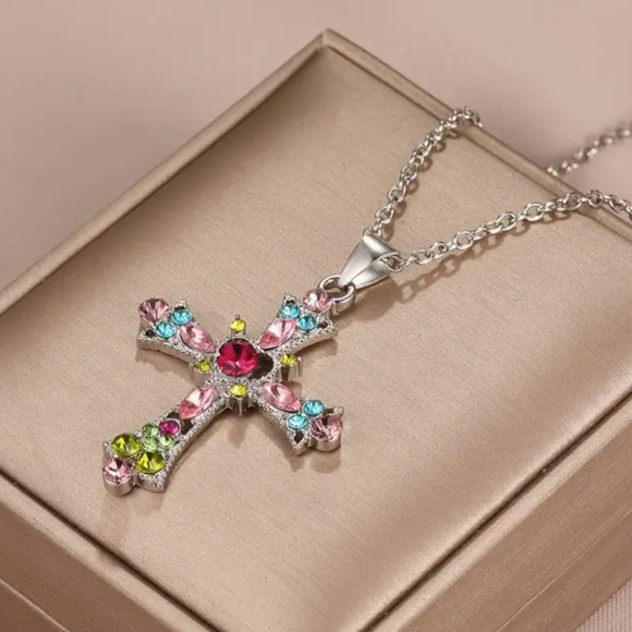 Pink Crystal Cross Pendant Necklace - Gothic Punk Style W/ Zirconia - Silvery - Picture 2 of 5